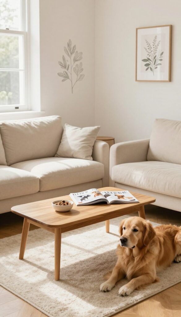 Cozy lounge area in a dog boutique with comfortable seating and a relaxed golden retriever