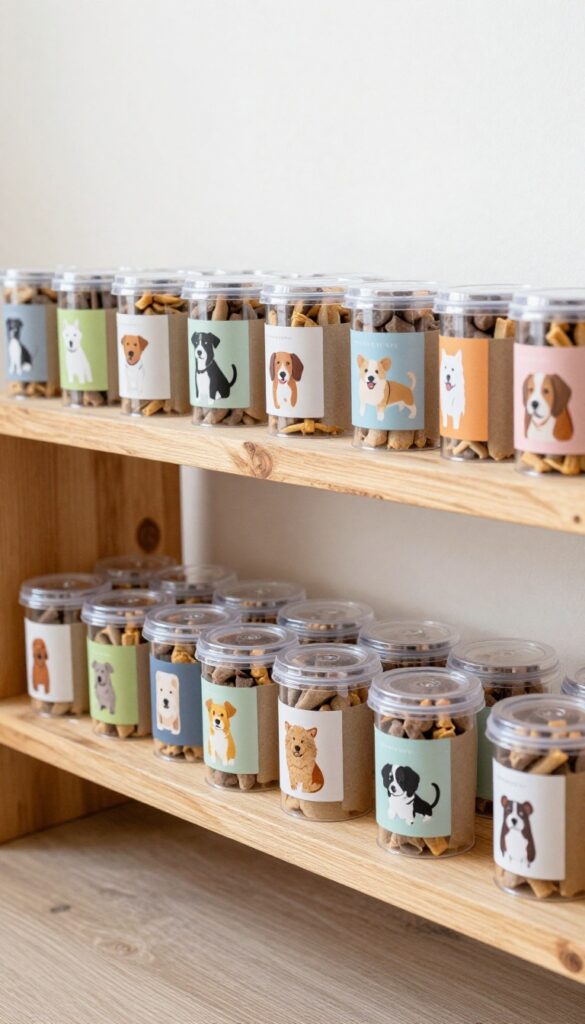 Stacked kraft cardboard tubes with colorful stickers and clear lids filled with dog treats on a wooden shelf.