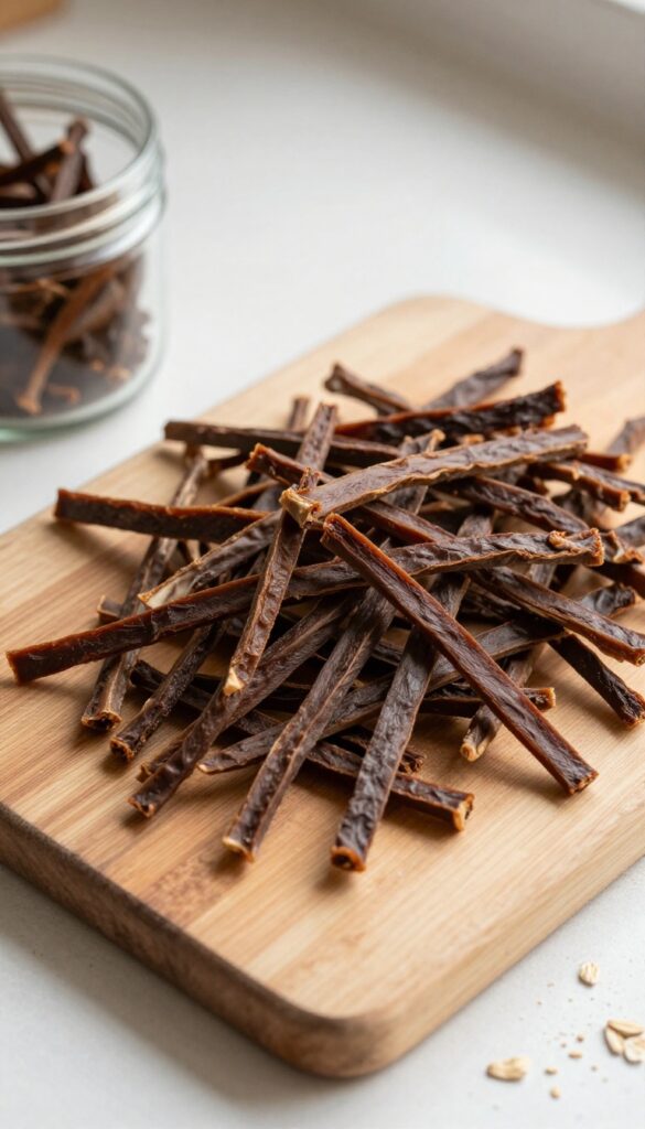 Homemade dehydrated pork liver dog treats arranged on a wooden board with a jar of chews nearby, bright natural light, pet-blog photography style.