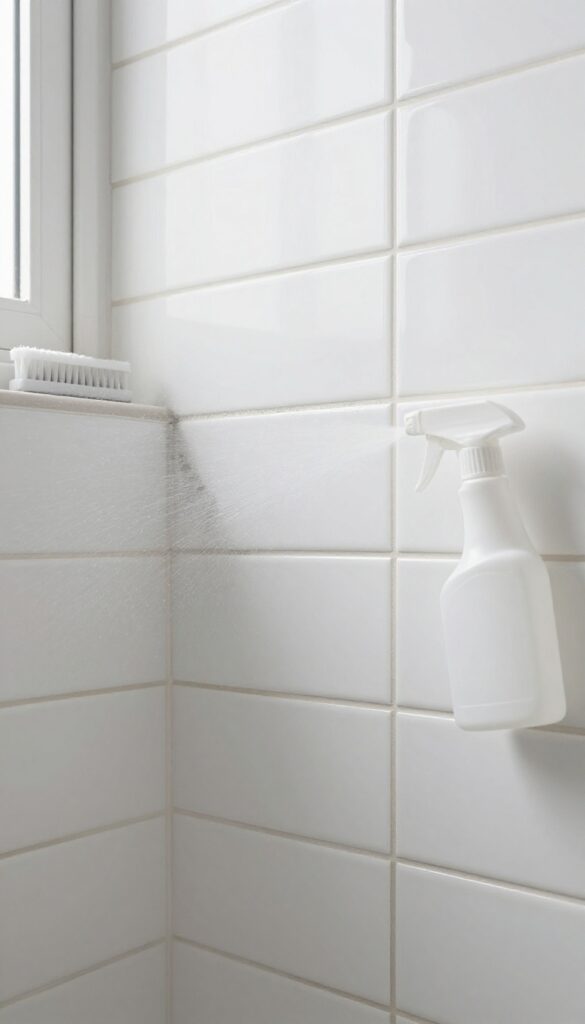 Spraying vodka onto mildewed grout in a bright bathroom