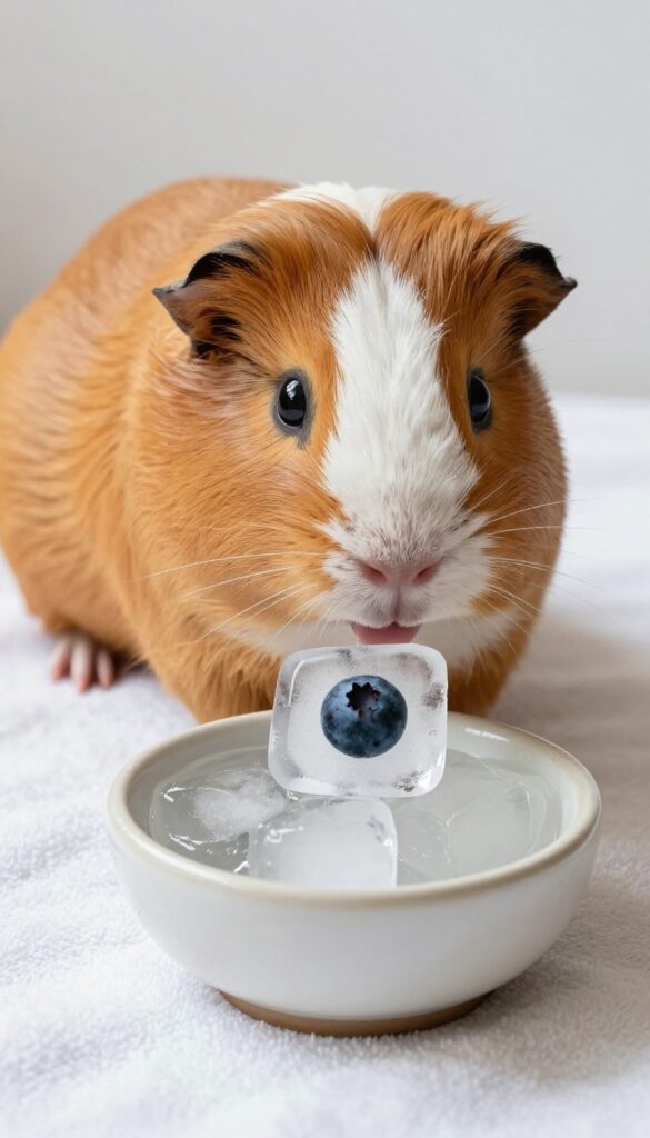 Guinea pig licking an ice cube with a blueberry inside in a shallow bowl