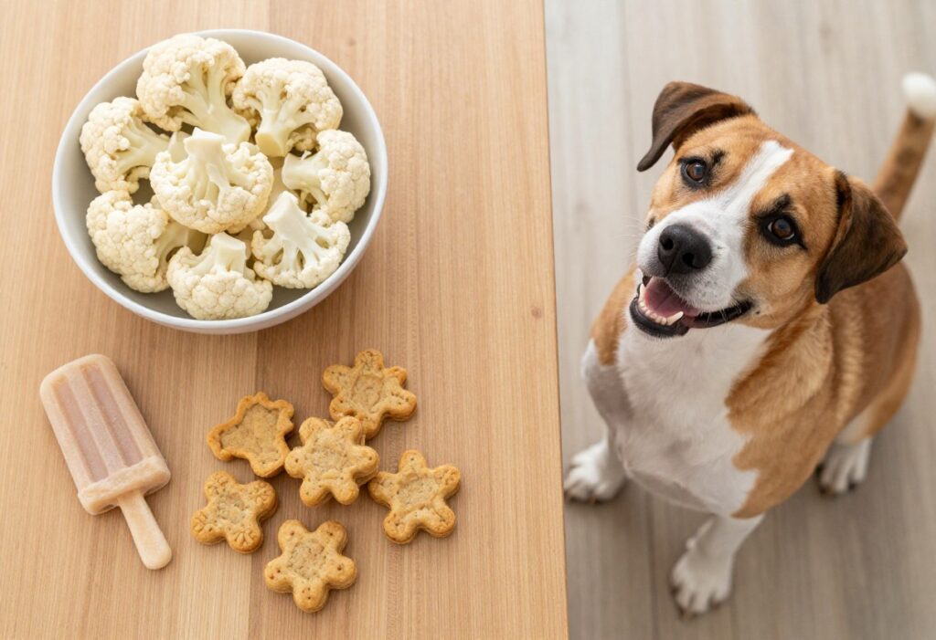 Homemade cauliflower dog treats on a wooden table with a dog looking on