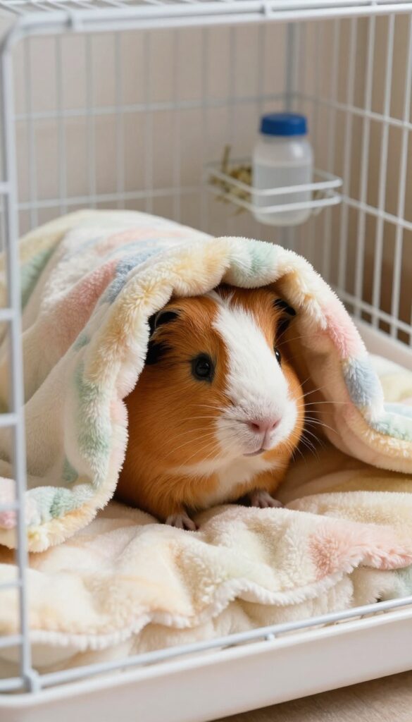Cozy corner guinea pig bed made from a folded fleece blanket with a small pocket for burrowing, in a clean cage with natural light.