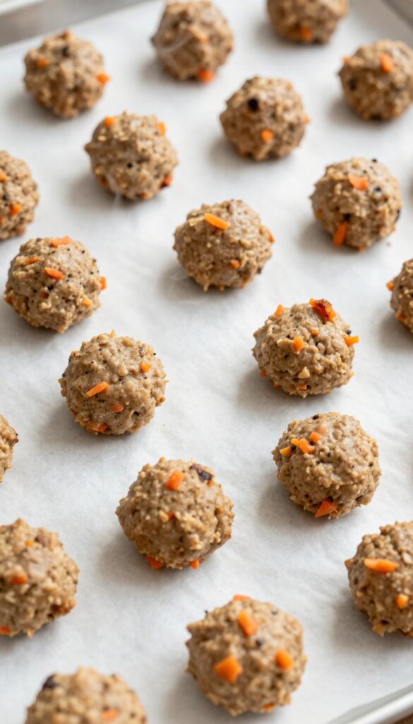 Homemade dog treat meatballs made from beef heart and liver with grated carrot, baked on a parchment-lined sheet.