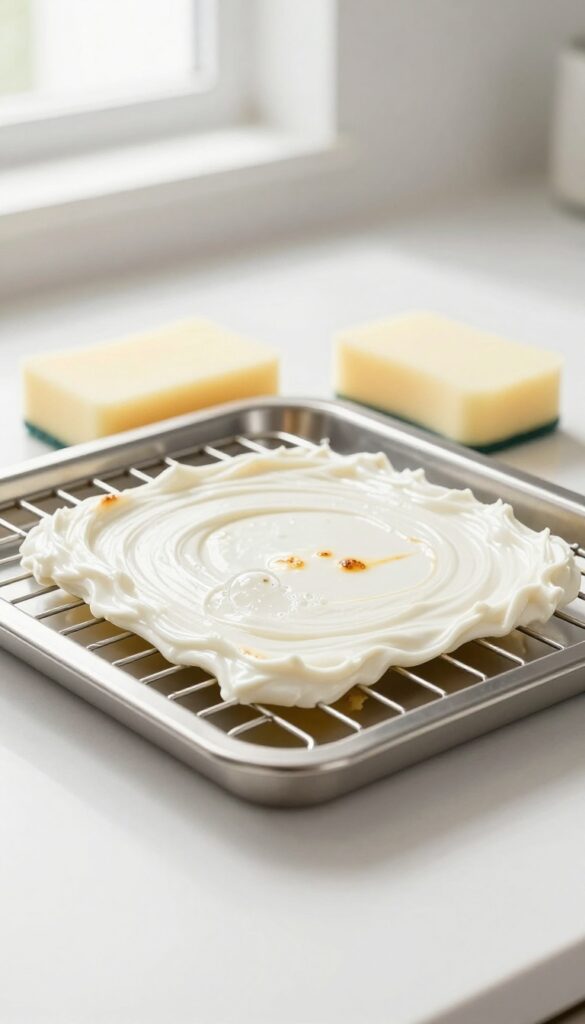Oven rack with hydrogen peroxide and baking soda paste bubbling on grease spots