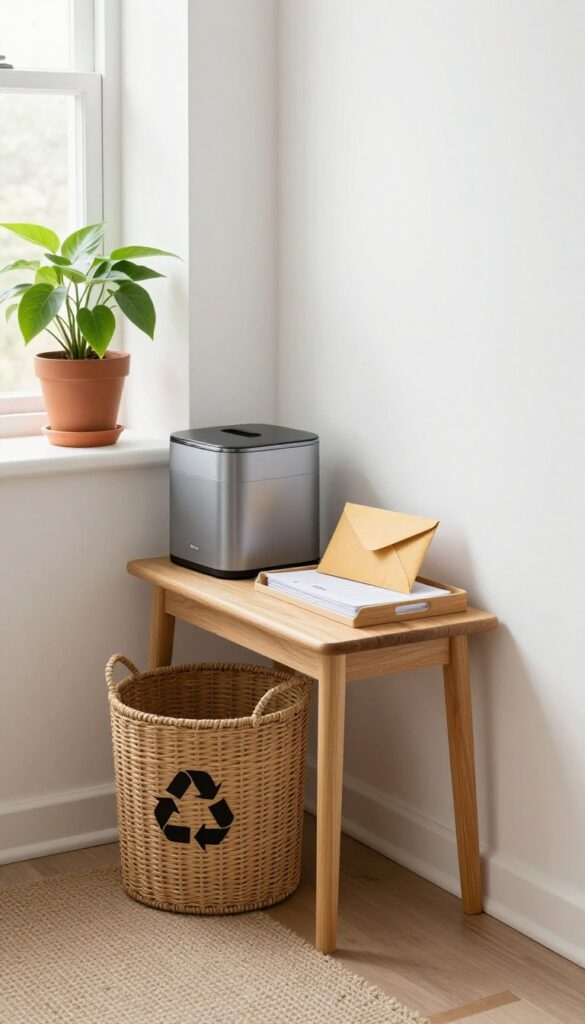 A clean entryway station with a recycling bin, shredder, and file tray for daily mail sorting