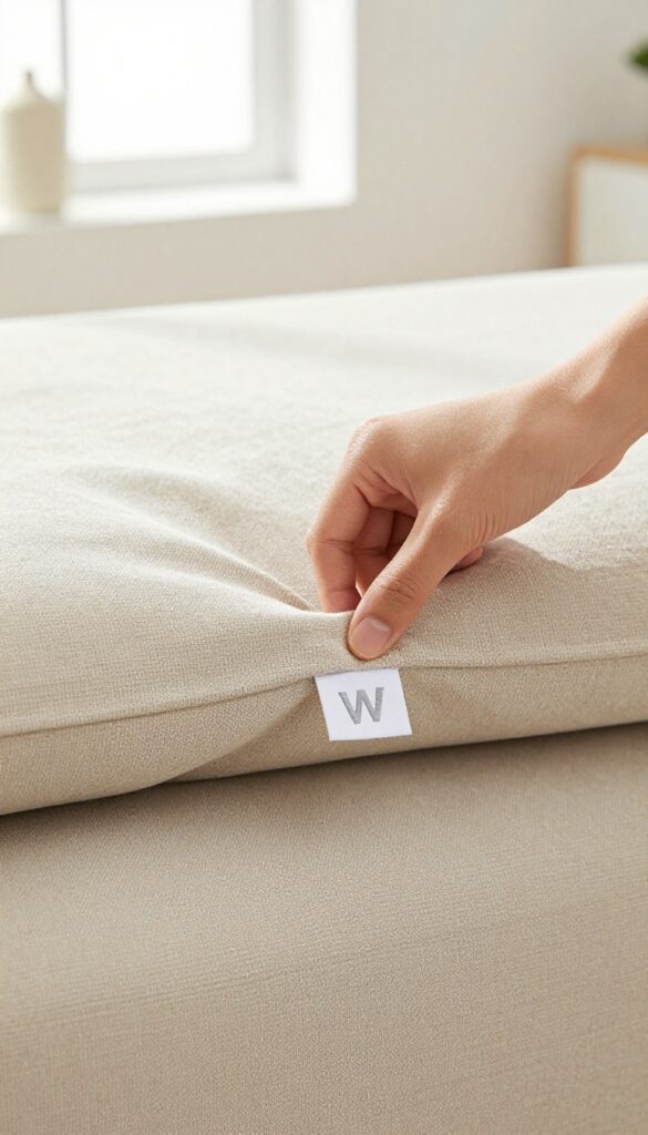 Person lifting a microfiber couch cushion to check the manufacturer's tag with the letter W, in a bright living room.