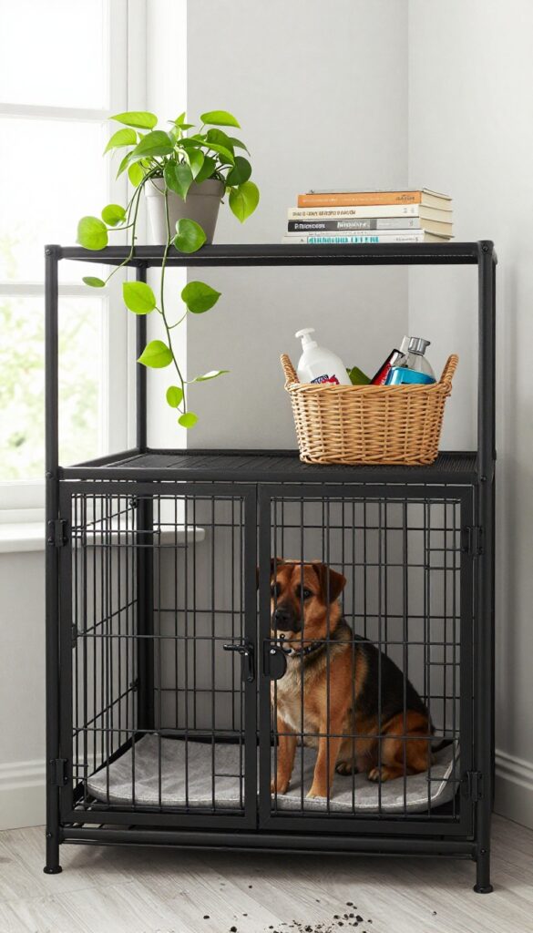 Industrial-style dog crate setup with FJÄLLBO shelving unit, crate insert, and decor items in bright natural light