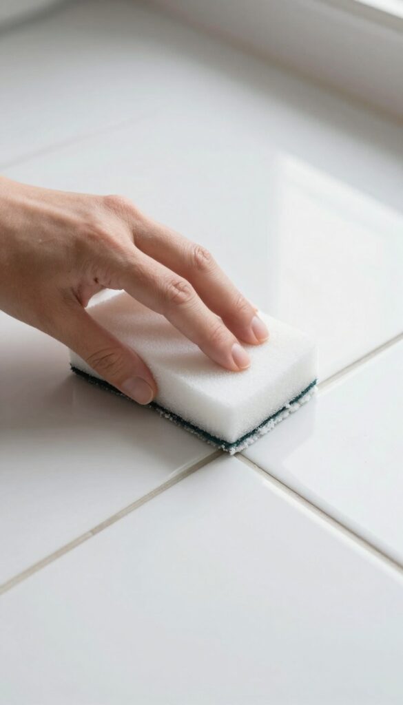 Hand using a white melamine sponge to clean grout on a tile floor, before and after effect