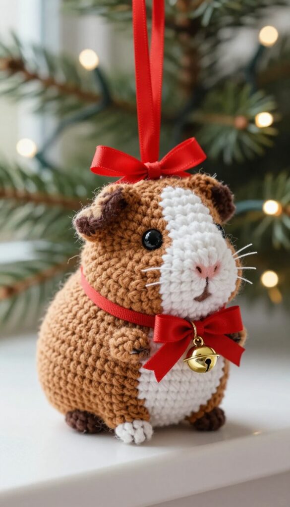A crochet guinea pig ornament hanging from a ribbon loop, with a tiny bow and jingle bell, in a festive setting.