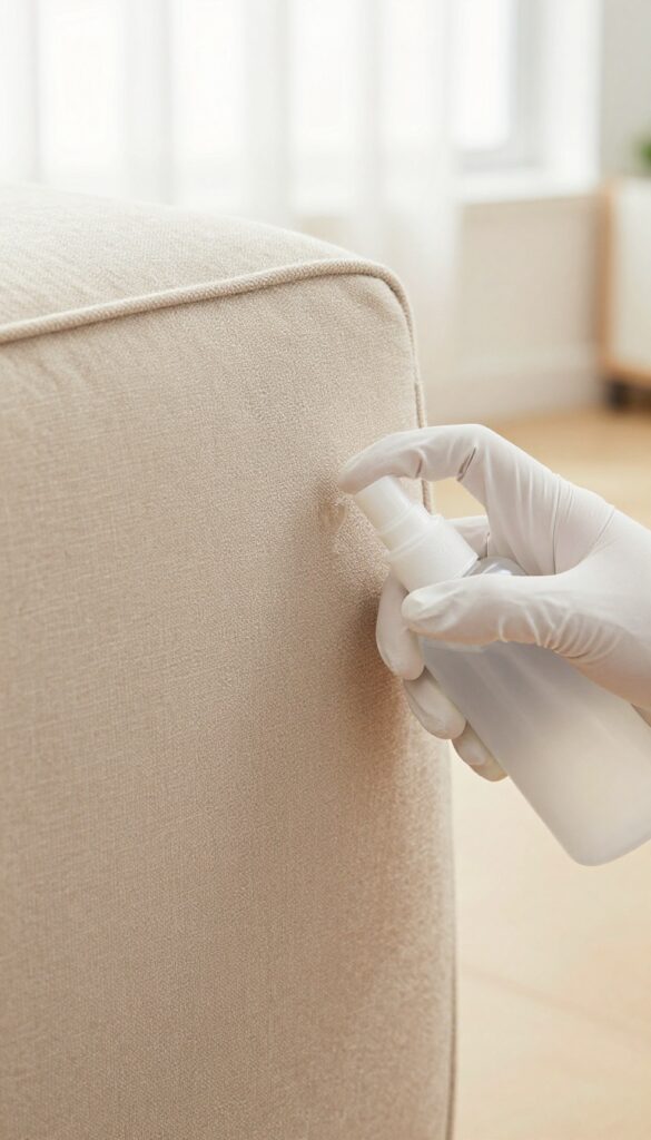 Hand in white glove spot testing cleaner on hidden area of microfiber couch
