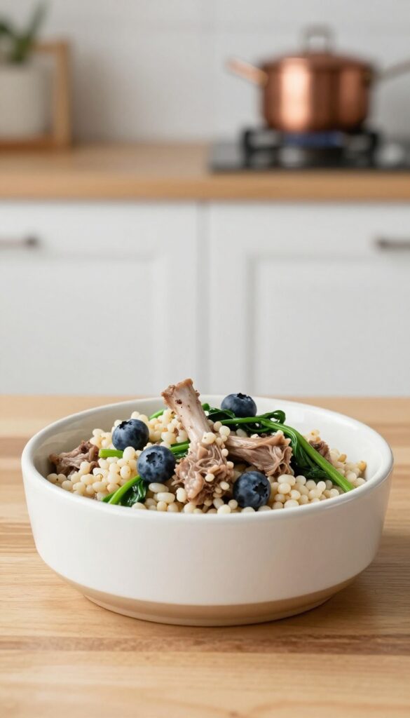 Homemade dog food lamb and barley casserole in a ceramic bowl on a wooden table