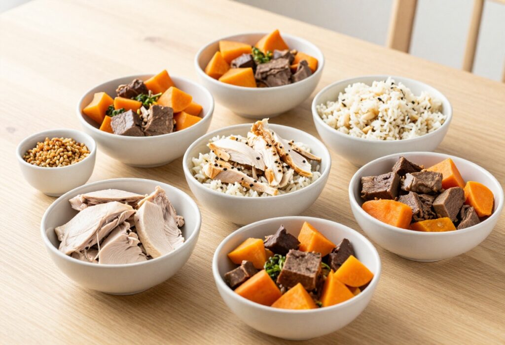 Overhead view of homemade dog food meal prep bowls with turkey, sweet potato, chicken, rice, and beef stew, on a wooden table.