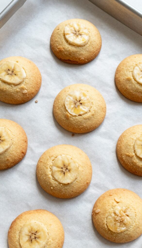 Homemade banana and honey drop cookies for dogs, baked golden brown on a parchment-lined baking sheet.
