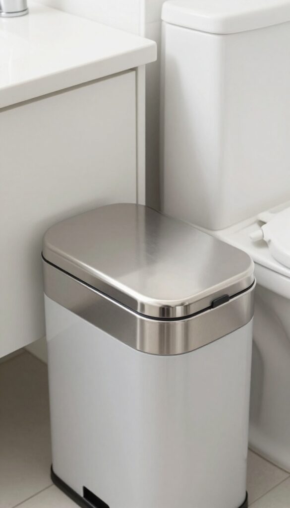 A lidded trash can in a bright, clean bathroom, keeping waste out of sight for a tidy look.
