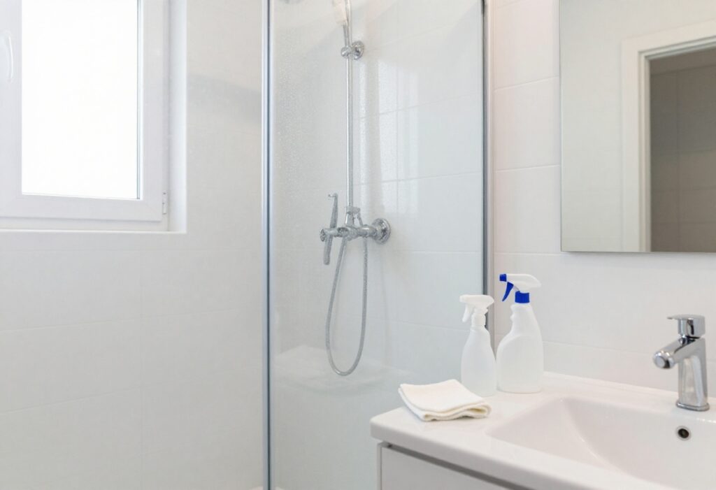 Sparkling clean bathroom with shiny tiles, mirror, and glass shower door, and cleaning supplies on counter.