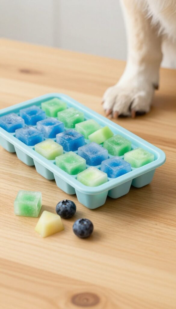 Honeydew and blueberry frozen dog treats in a silicone ice cube tray on a wooden table, with a dog's paw nearby.