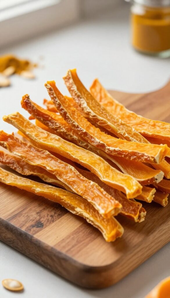 Homemade dehydrated butternut squash chews for dogs, stacked on a wooden board in natural light.