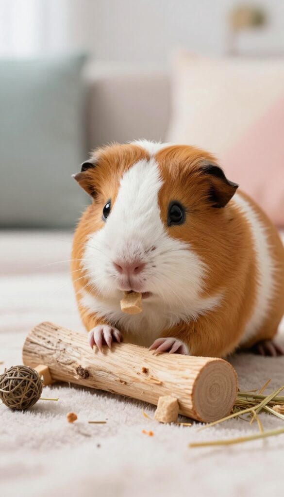 Guinea pig chewing on a natural wood toy with willow and hay accessories on a fleece blanket