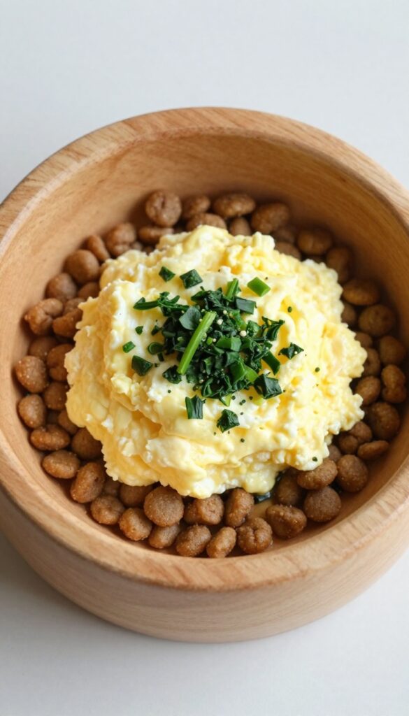 Homemade dog food topper of scrambled egg and spinach sprinkled over kibble in a dog bowl
