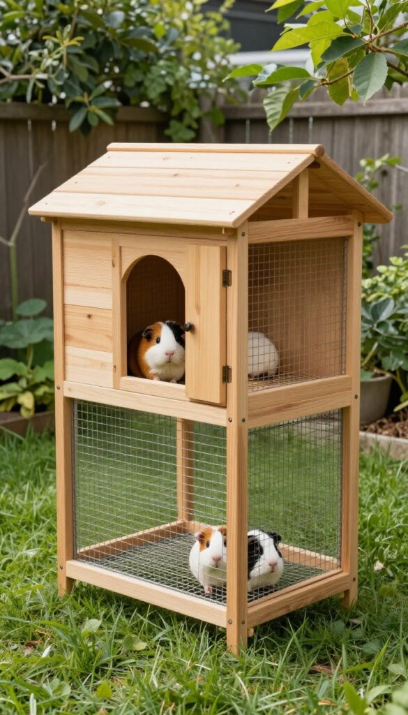 Classic wooden guinea pig hutch with shaded run in a sunny backyard