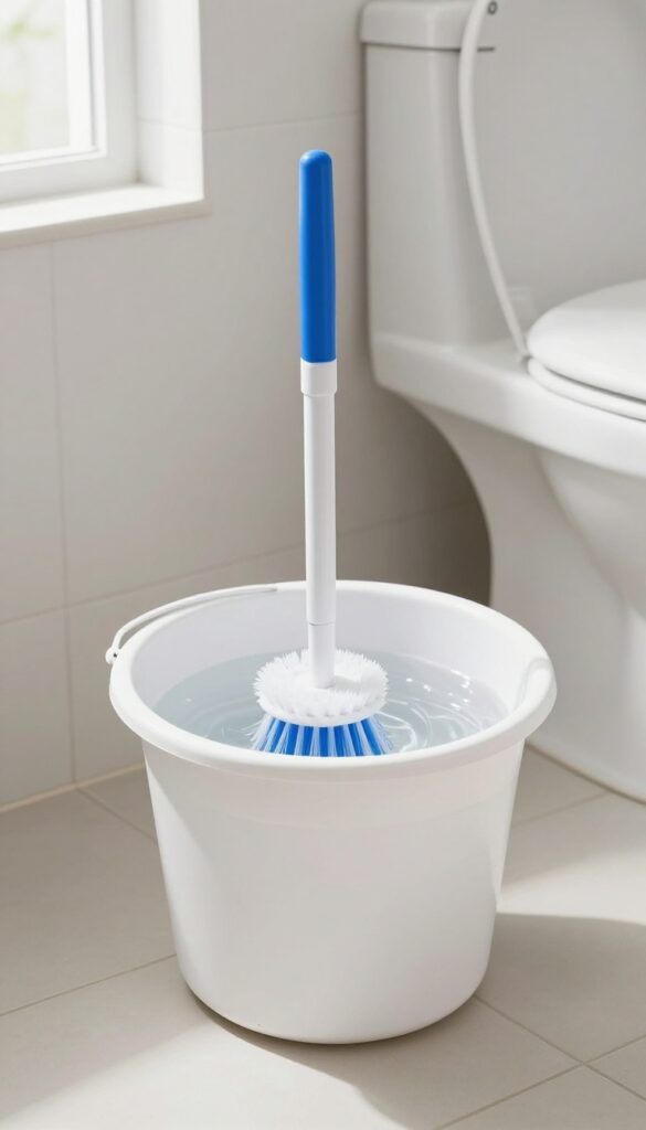 Toilet brush soaking in a bucket of vinegar water for cleaning