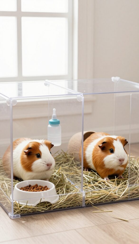 Guinea pig cage with a clear divider separating two guinea pigs, each side with food, water, hideout, and hay.
