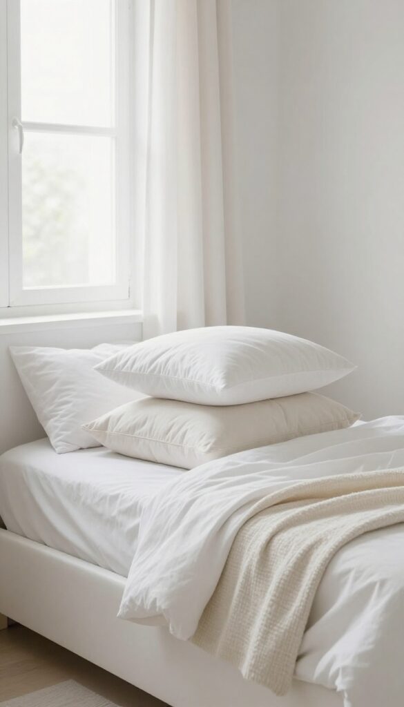 Bedroom with refreshed soft furnishings including fluffed pillows, folded throw blanket, and arranged cushions in natural light