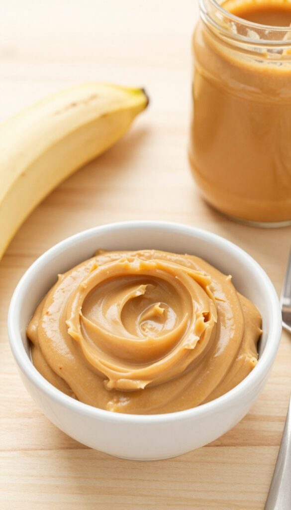 Peanut butter and banana mash in a bowl, with ingredients on a wooden table, for a dog treat recipe.