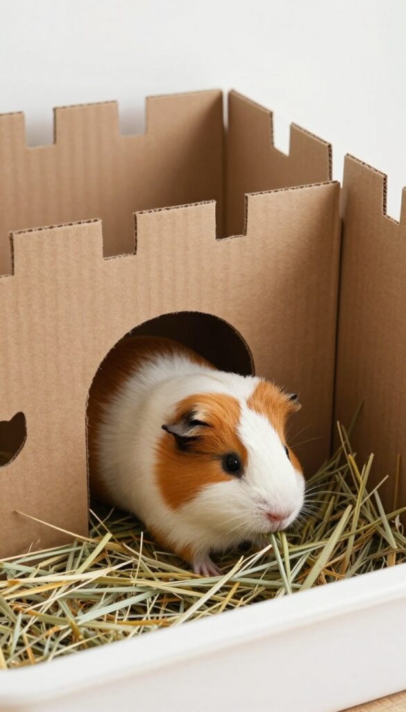 Guinea pig in a cage with a raised cardboard hay castle