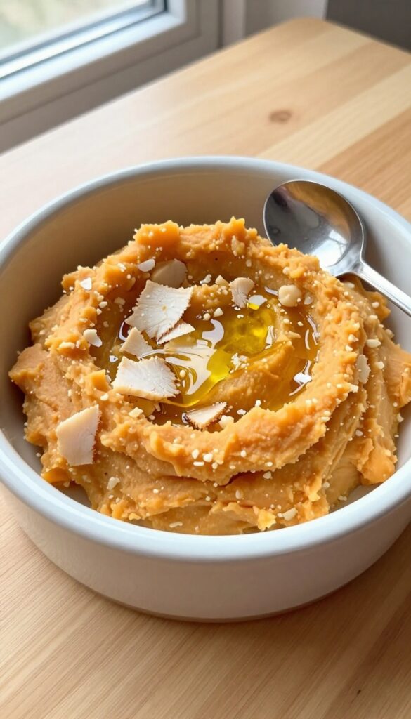 Warm pollock and sweet potato mash in a dog bowl with fish oil drizzle, homemade dog food recipe