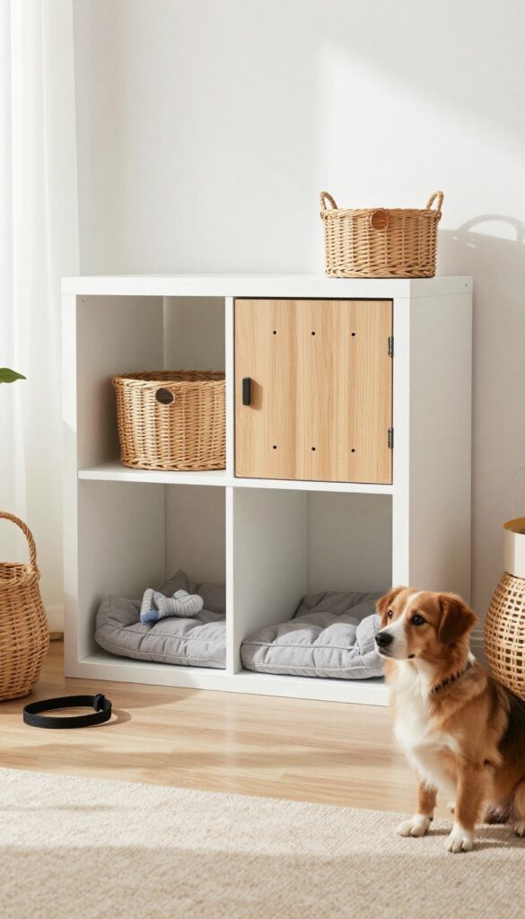 IKEA KALLAX shelf dog crate with built-in storage, wooden door, and dog bed