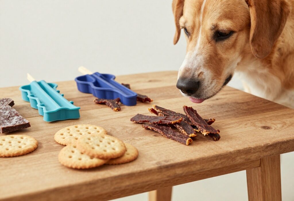Homemade bison dog treats arranged on a wooden table, with a dog sniffing nearby.
