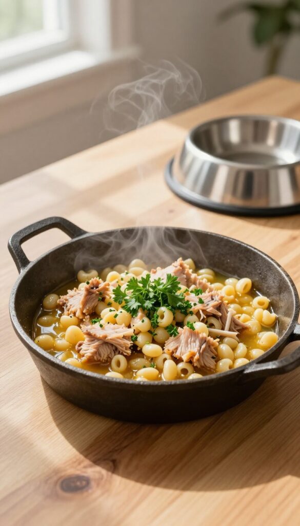 Homemade tuna and pasta skillet dog food in a cast iron pan with parsley garnish, natural lighting, pet blog style.