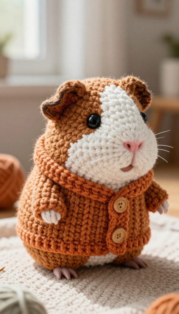 Crochet guinea pig amigurumi wearing a removable orange sweater on a knitted blanket.