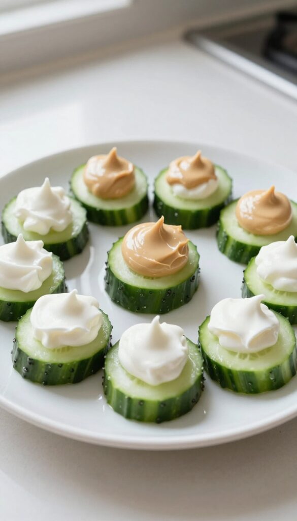 Cucumber rounds topped with peanut butter and Greek yogurt on a white plate, natural lighting, homemade dog treat photography.
