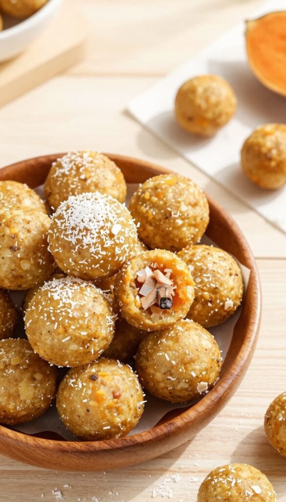 Homemade sweet potato and coconut energy balls for dogs, neatly arranged in a wooden bowl with one being touched by a dog's paw, on a bright kitchen table.