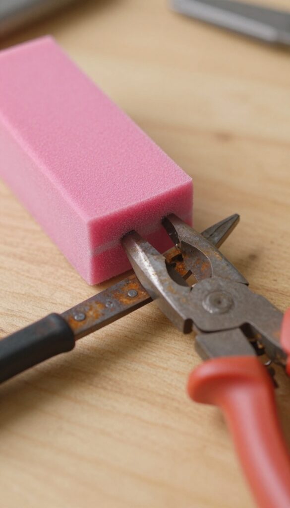 Hand using a pink rust eraser block on rusty pliers on a workbench