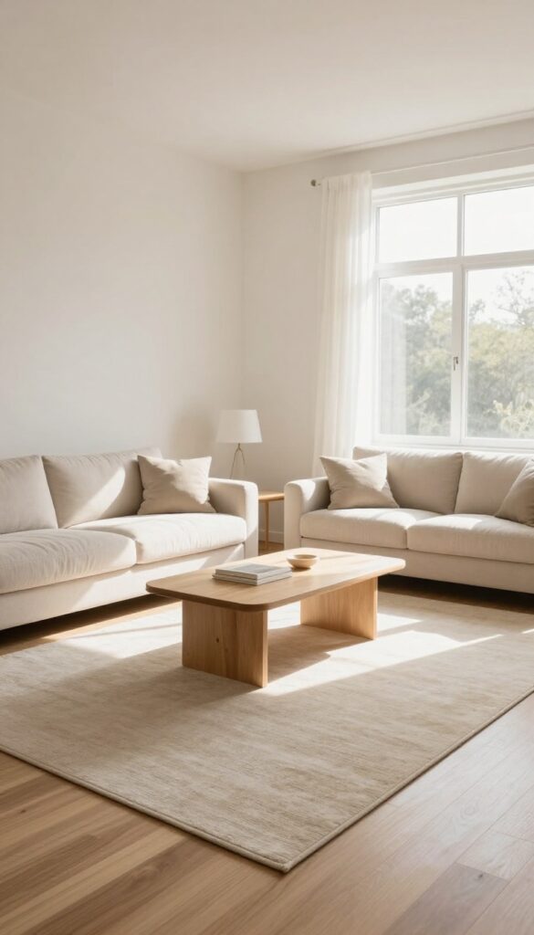 Living room with area rug cleared of furniture, ready for cleaning