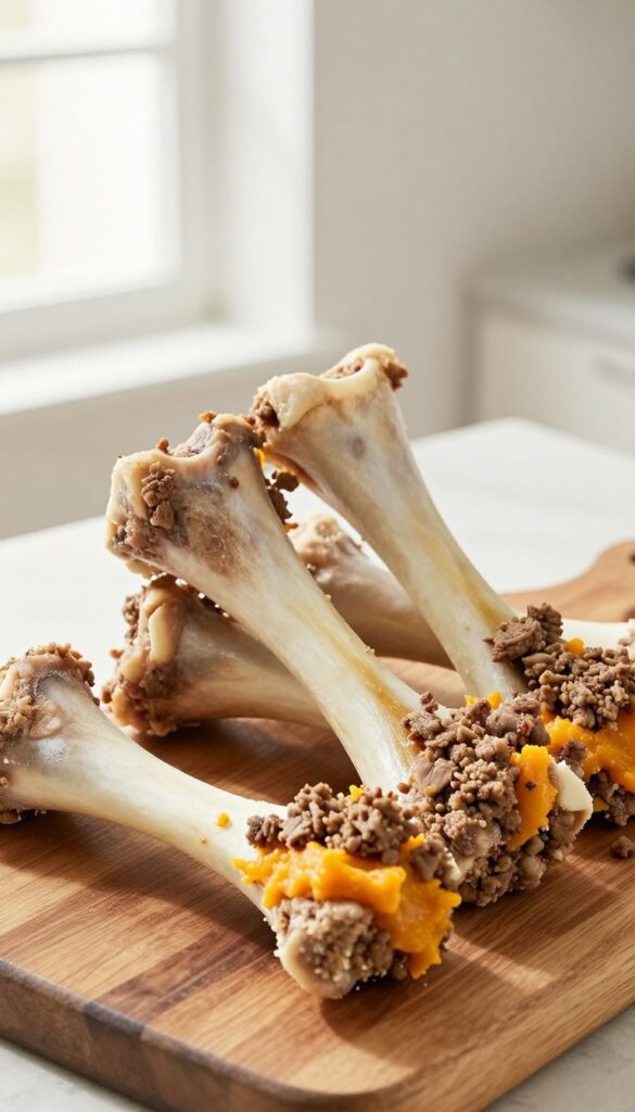 Four large hollow beef bones stuffed with ground bison and pumpkin puree, arranged on a wooden board, photorealistic dog treat blog photography.