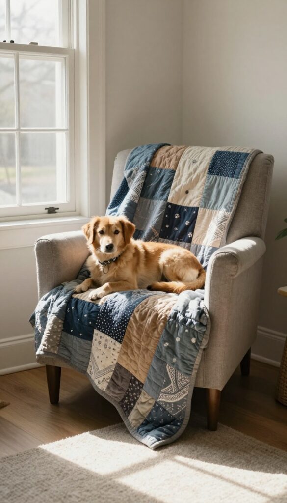Handmade dog memory quilt draped over an armchair in a bright living room