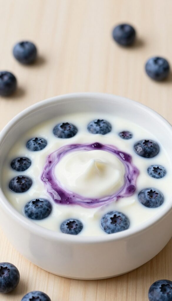 Homemade dog food topper: plain yogurt and blueberry swirl in a dog bowl, with fresh blueberries on a wooden surface.
