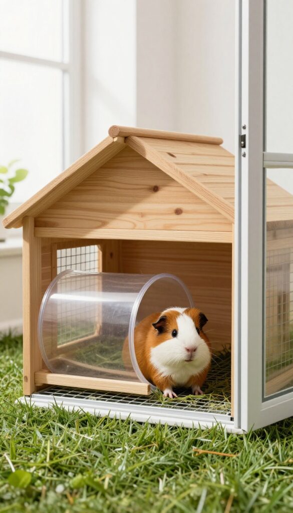 Indoor guinea pig hutch connected to a secure outdoor run via a tunnel, with natural light and fresh grass.
