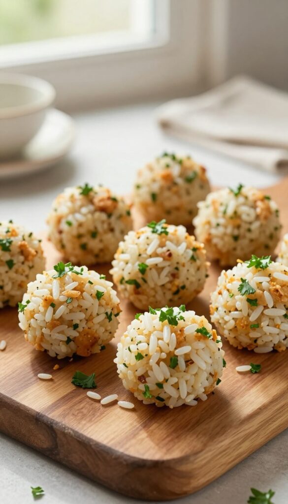 Homemade chicken and rice dog treats, small bite-sized balls with parsley, on a wooden board in natural light.