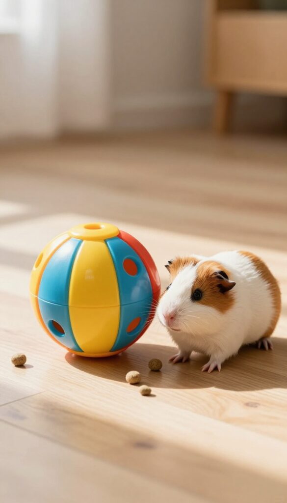 Guinea pig pushing a treat ball on a wooden floor with pellets scattered around