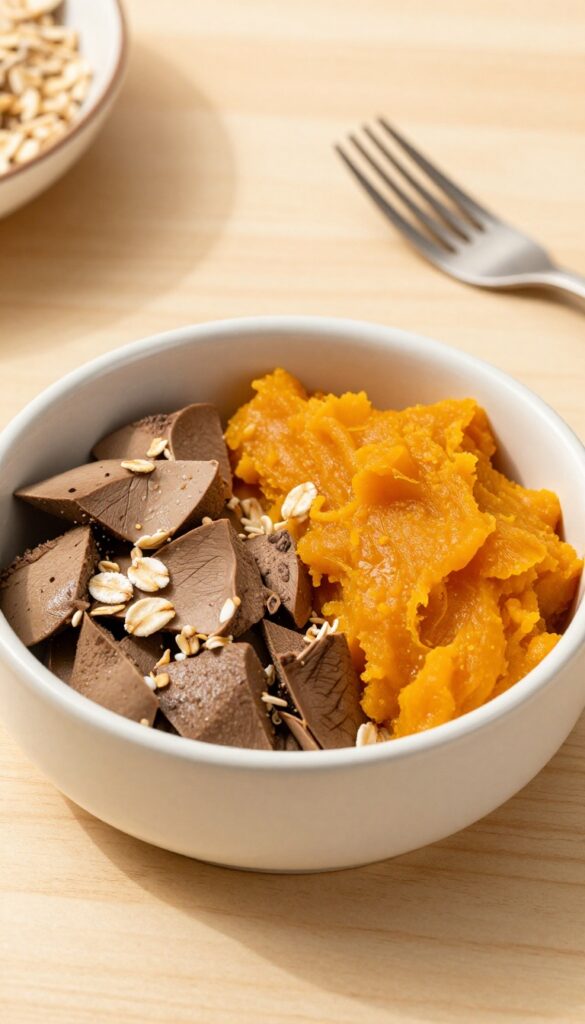 Homemade dog dinner bowl with chicken liver, pumpkin, and oats, served in a ceramic bowl on a wooden table.
