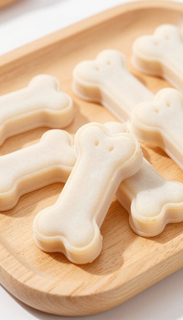 Frozen chicken heart and yogurt dog treats in bone-shaped silicone molds on a wooden tray, photorealistic pet food photography.