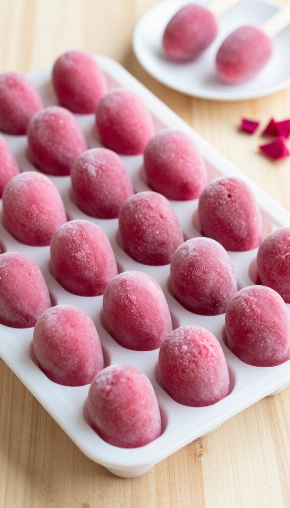 Homemade frozen beet and yogurt dog treats in a silicone mold on a wooden table, with a few pops on a plate and fresh beet gratings nearby.