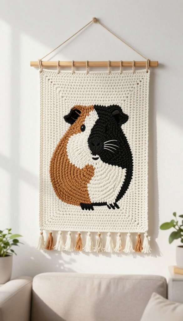 A crochet wall hanging featuring a guinea pig silhouette in earthy tones, hanging from a wooden dowel, in a cozy sunlit room.