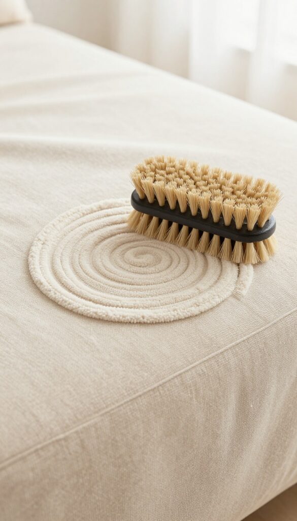 Brushing microfiber couch fabric with soft brush after cleaning